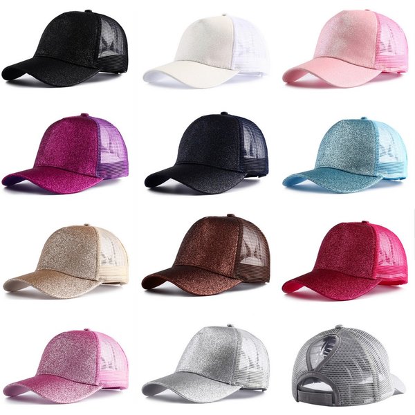 2023 New Summer Glitter High Ponytail Baseball Cap Female Snapback Hat Casual Black White Pink Mesh Trucker Caps for Women Gorra