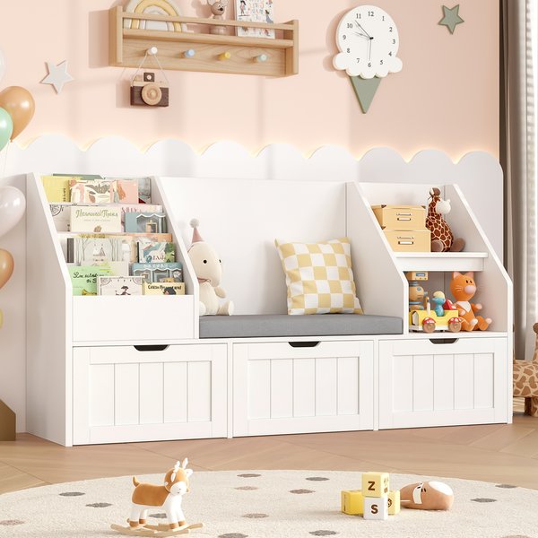 Getone Meuble Rangement Enfant avec Banc 9 Étagères 3 Tiroirs Roulants Bibliothèque Enfant avec Coussin Amovible Meuble Rangement Jouet Enfant pour Chambre d’Enfants Salle de Jeu 140x39.5x80cm Blanc/