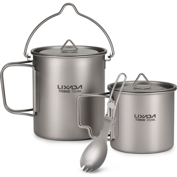 Lixada 1 Stück/3 Stück leichter Titan-Topf mit 750 ml oder 350 ml Wasserbecher mit Deckel, zusammenklappbarer Griff für Outdoor-Camping