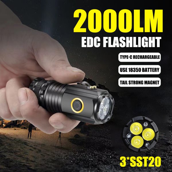 Mini lampe de poche LED Portable puissante, 2000lm, 3LED, lumière Ultra forte, batterie intégrée 18350, Rechargeable par USB, avec torche magnétique
