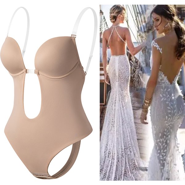 Soutien-Gorge Invisible Sexy, Combinaison de Batterie, Corset Dos aux, Décolmétrage en V Profond, String Plongeant en U, Entraîneur de Taille, Sangle Transparente, Rembourré, Push Up