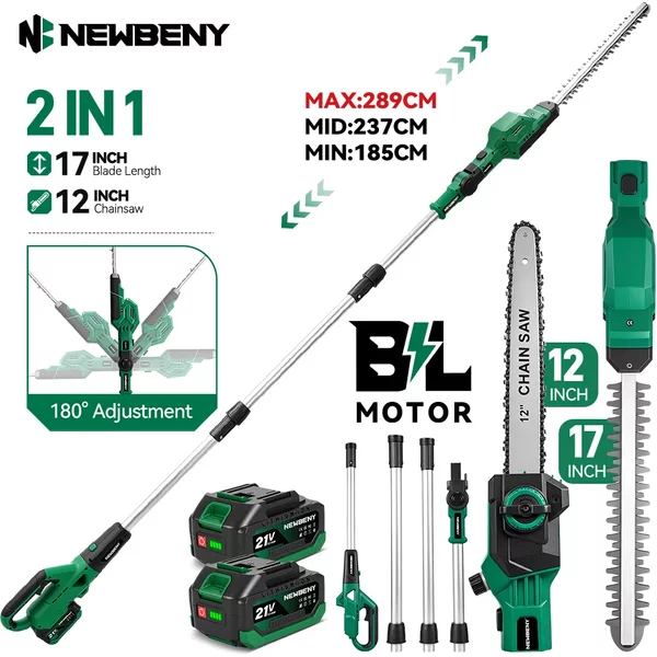 Scie à branches hautes télescopique électrique sans balais 2-en-1 et taille-haie sans fil 17 pouces, tronçonneuse 12 pouces, ensemble d'outils électriques de jardin pour batterie Makita 21V