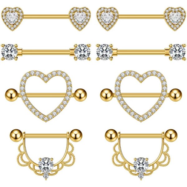 4Pairs Gold Color Butterfly Heart Flower Nipple Ring Sets 14G Stainless Steel Dangled Shield Barbell for Women Nipple Piercing