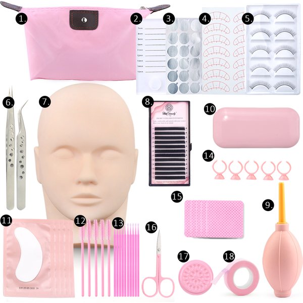 Kit de formation pour extensions de faux cils 18 en 1, modèle de pratique, coussinets pour les yeux, pincettes, anneau de colle, brosse, Kit d'outils pour greffage de cils