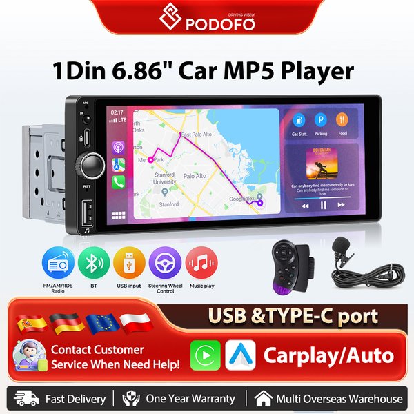 Podofo, autoradio universel avec écran tactile HD, système multimédia intelligent pour voiture, lecteur MP5, compatible avec Carplay et Android Auto sans fil, écran de 6,86 pouces, BT, FM, 1 DIN,