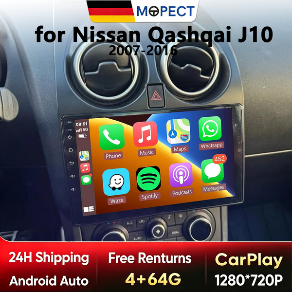 MOPECT 9'' 128G Autoradio für Nissan Qashqai 2006-2016 Multimedia-Player Carplay Android Auto WIFI GPS Navigation Autoradio 2Din