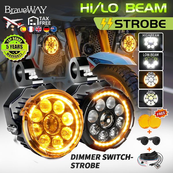 Braveway 5inch Motorcycle LED Auxiliary Spotlights Fog Additional Headlights DRL White Amber Turn Signal For GS 1200 Accessories
