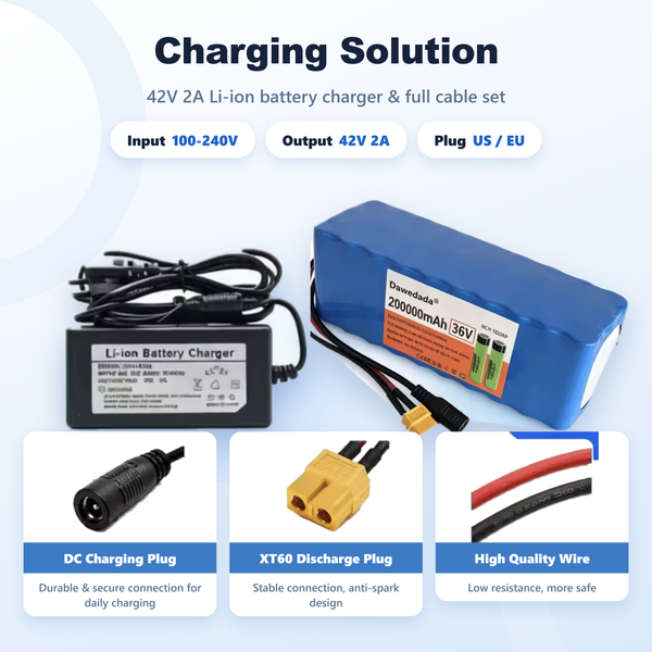 36V 200Ah 10S4P 18650 Li-Ionen-Akku mit XT60 & 42V Ladegerät für E-Bike Elektroroller, Hochkapazitäts-Ersatz, EU-Lager Schneller Versand