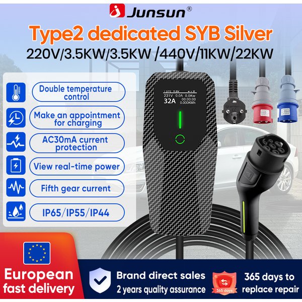 Junsun Wallbox Ładowarka EV Typ 2 3.5KW 7kw 11kw 22kw 6A to 32A IP65 Przenośna Szybka Ładowarka z Kablem Typ 2 do Tesla Model 3 Model Y Samochód Elektryczny Programowalny Ładowanie Zaplanowane