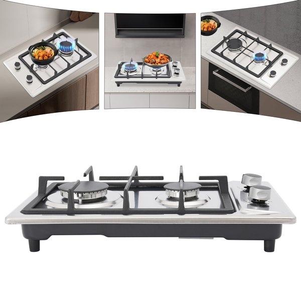 Edelstahl-Gasherd mit Automatischer Zündung, 2 Brenner und Druckminderungsventil für Heimküche und Kochen