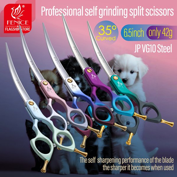 Fenice Professional JP VG10 Right&Left Hand 6.5Inch Curved 35° Grooming Scissors Pet Scissor for Dogs Self Grinding Scissors