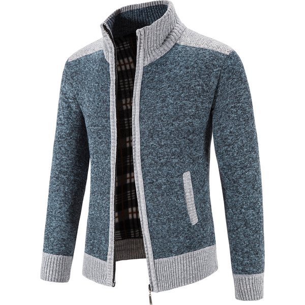 Autumn Winter Male Sweater Coat Knit Jumpers Fleece Warm Jacket Korean Mock Collar Patchworked Zip Windbreaker Men's Overcoat