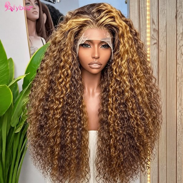 Perruque frontale en dentelle HD 13x6, cheveux humains, 38 pouces, bouclée, mèches, P4/27, ombré, perruque à ondulations profondes, ligne de cheveux pré-effilée, densité 250%