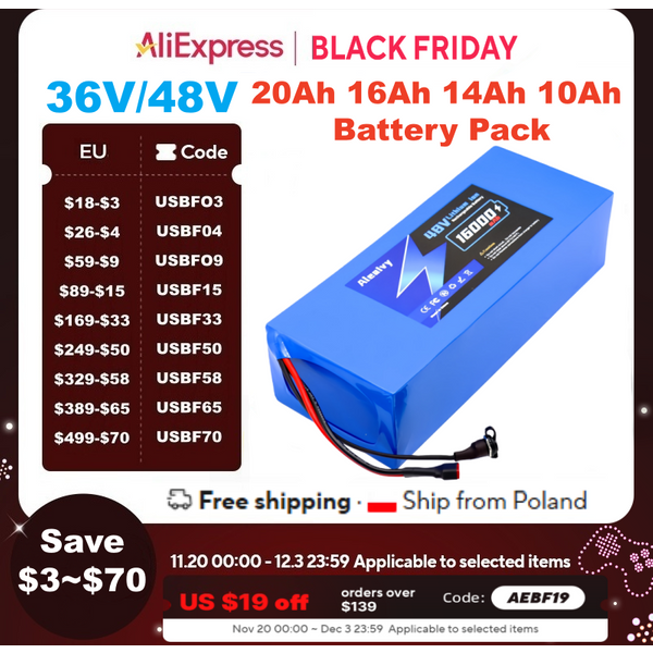 EU US 7-10 Tage schnelle Lieferung Aleaivy Original Hochleistungs-18650 48V 20Ah 16AH 12AH 10AH 13S7P Lithium-Batteriepack Große Kapazität Geeignet für 250-1500W Eingebautes BMS