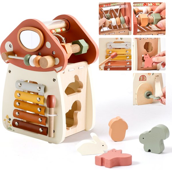 Holz-Pilzhaus-Aktivitätswürfel 5 in 1 Xylophon Perlenlabyrinth Formensortierer Montessori Sensorisches Lernspielzeug Geschenk für Babys 6-36 Monate