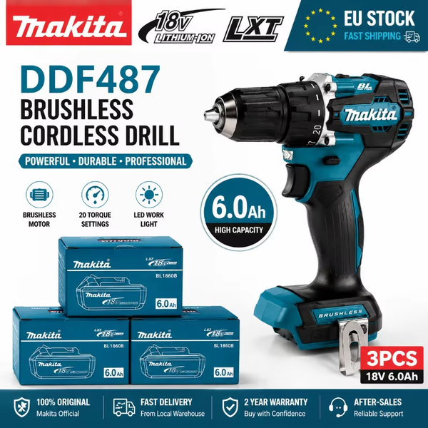 Original Makita 18V Akku-Bohrschrauber DDF487 Bürstenloser Hochdrehmoment-Bohrschrauber + 6,0Ah BL1860B BL1840 Lithium-Akku Professionelles Elektrowerkzeug-Set EU-Lagerbestand