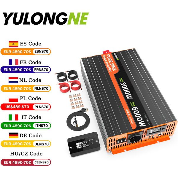 YULONGNE Reiner Sinus-Wechselrichter DC 12V zu AC 230V 1000W 1500W 2000W 2500W 3000W, Spitzenleistung 2000W 3000W 4000W 5000W 6000W Konverter mit Fernbedienung und LCD, EU-Steckdose, EU-Lager, Polen,