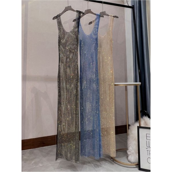 Diamant fête vêtements de jour col rond Sexy longue diamant maille bas robe mince paillettes longues robes de mariée pour femmes