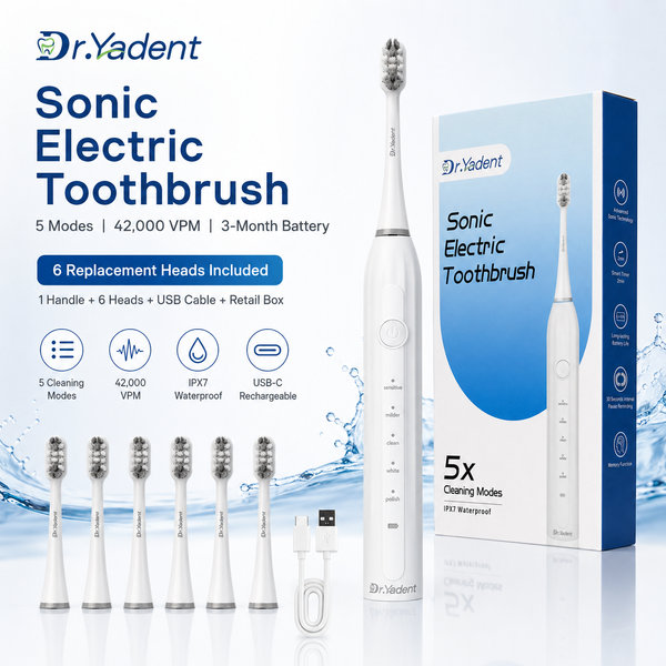 Elektryczna szczoteczka do zębów Dr.Yadent dla dorosłych, soniczna szczoteczka z baterią o dużej wytrzymałości 2000mAh, 6 końcówek, 5 trybów czyszczenia, delikatne czyszczenie, delikatne wybielanie,