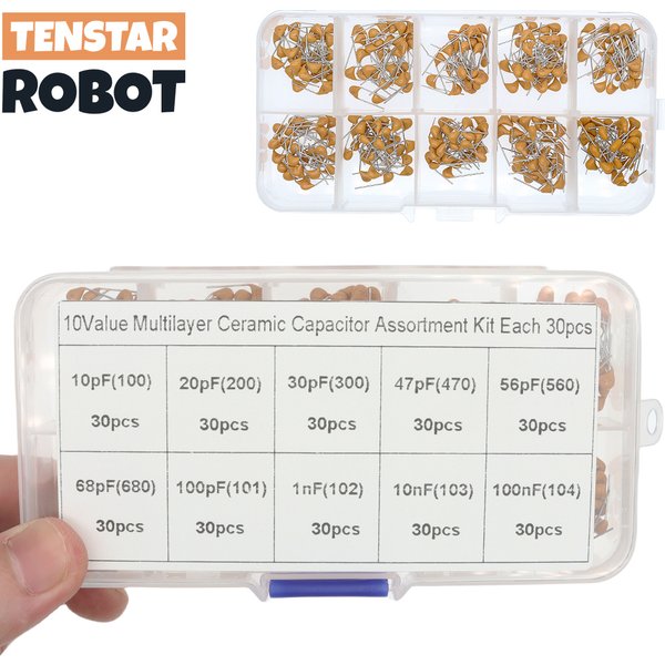 300pcs 10value 50v 10pf 20pf 30pf 47pf 56pf 68pf 100pf 1nf 10nf 100nf Multilayer Ceramic Capacitor Assortment Kit