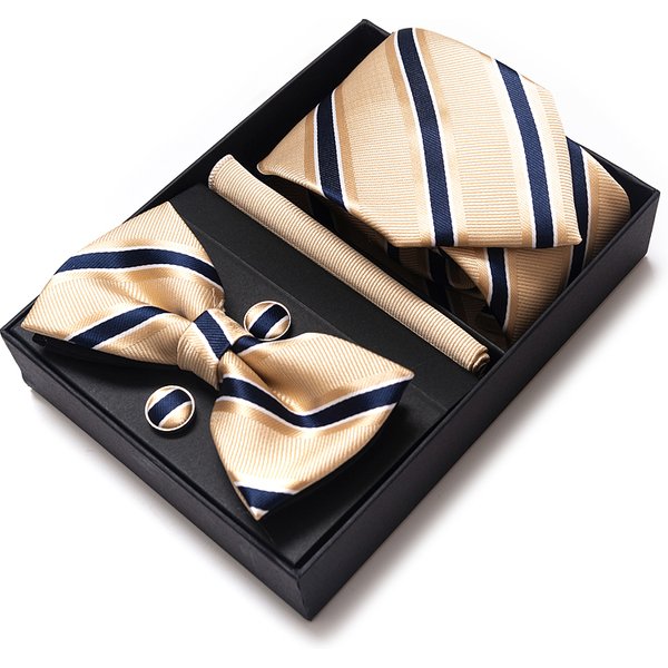High Grade Festive Present Bow Tie Handkerchief Pocket Squares Cufflink Set Necktie Box Sliver Man's