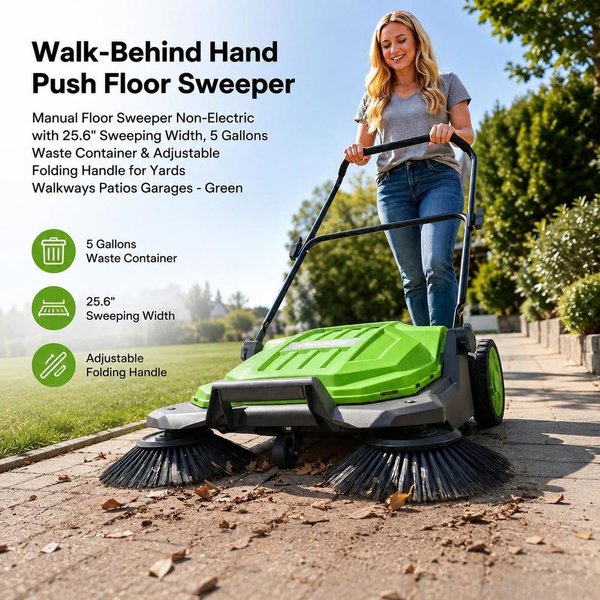 Manueller Schiebesauger 650 mm Grün mit 18,9 L Abfallbehälter, klappbarem, verstellbarem Griff für Garten-, Terrassen- und Garagenreinigung