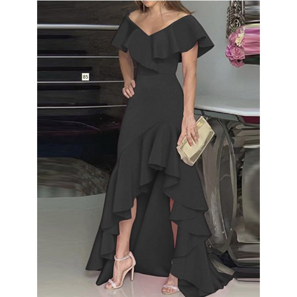 2023 Autumn New European and American Style V-Neck Long Dress with Ruffled Edge Irregular Elegant Dress Party Dress