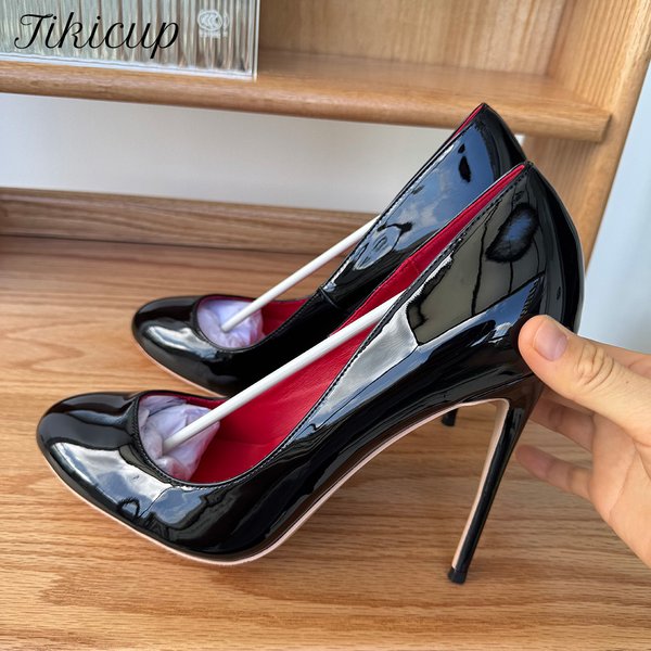 Real photos Designer 12cm/10cm High Heels Black Patent Red inside Stilettos for Women Lady Round toe Comfort Pumps Party Shoes