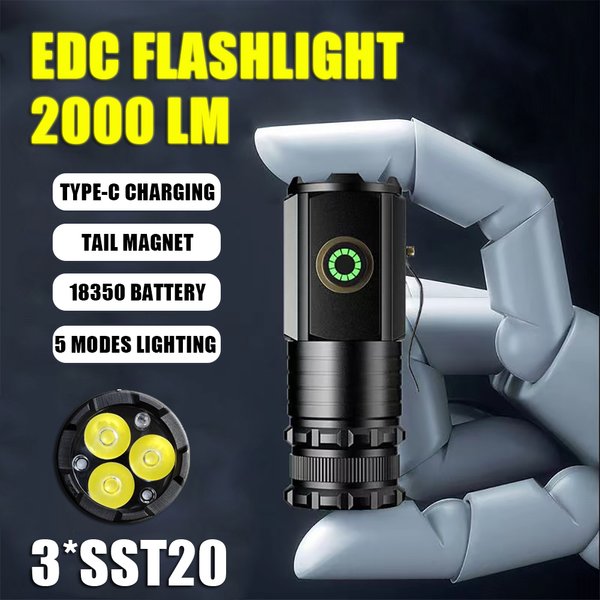 Mini lampe de poche LED haute puissance 3 LED 2000LM SST20 torche EDC portable TYPE-C lanterne de camping IP68 aste avec aimant de queue