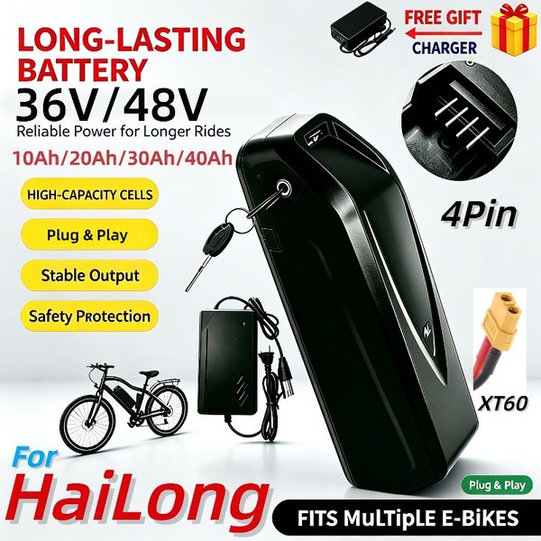 36V/48V Hailong Lithium-Akku 10Ah/20Ah/30Ah/40Ah, 250W 1500W, 4-poliger XT60-Stecker, intelligenter BMS-Schutz, Ersatz-Akkupack für Elektrofahrräder, mit Ladegerät, vorrätig in der Europäischen Union