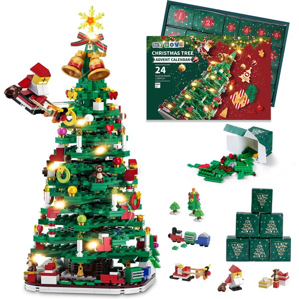 Adventskalender 2026 Weihnachtsbaum-Bauspielzeug-Set mit LED-Licht, Weihnachts-Countdown-Kalender, 24 Tage Baustein-Set für Kinder