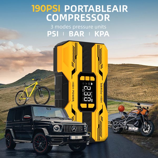 20000mAh 6000A 190Psi Tragbarer 6-in-1 Multifunktionaler Auto-Starthilfe- und Reifenaufpumper Cyd19 12V Notfall-Starthilfe-Powerbank mit Typ-C-Ladefunktion und USB-Ausgang, Auto-Luftpumpe für