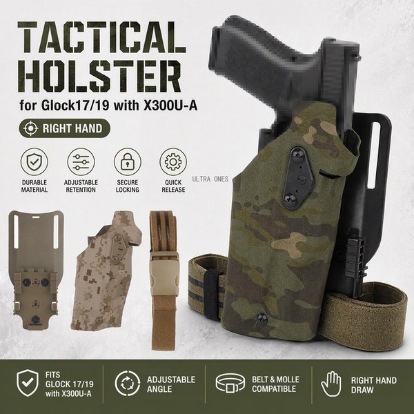 Kabura na pistolet dla praworęcznych do Glock 17 Gen4 / G19 z latarkami X300 X300U, taktyczna kabura do broni myśliwskiej z platformą na nogę.