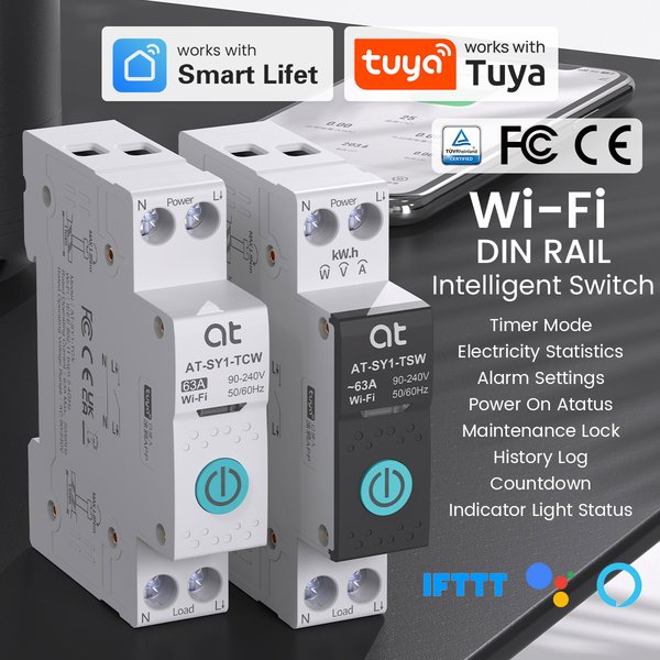Inteligentny wyłącznik automatyczny TUYA WIFI z pomiarem zużycia energii 1P 63A na szynę DIN do inteligentnego domu, bezprzewodowe zdalne sterowanie, inteligentny przełącznik sterowany przez aplikację