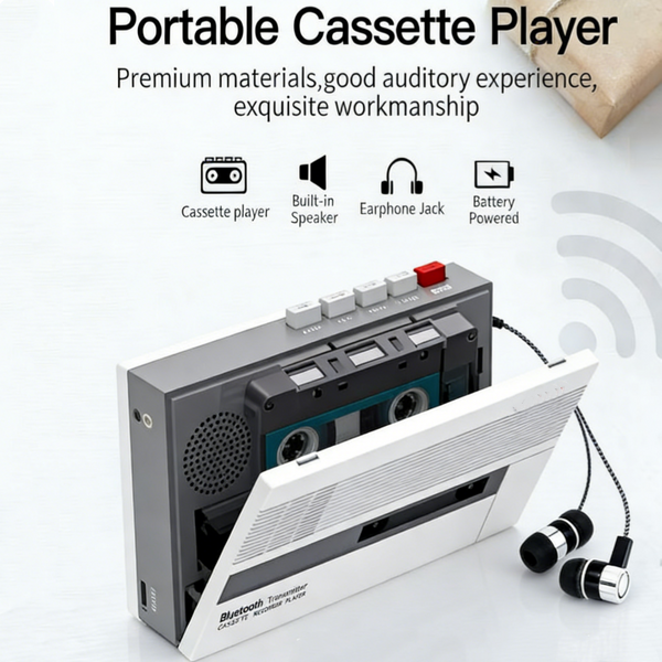 Retro Walkman Kassettenspieler und -rekorder, Bluetooth-Transmitter, Stereo-Sound, Eingebaute 2W Lautsprecher & Mikrofon, Auto-Stopp-Funktion