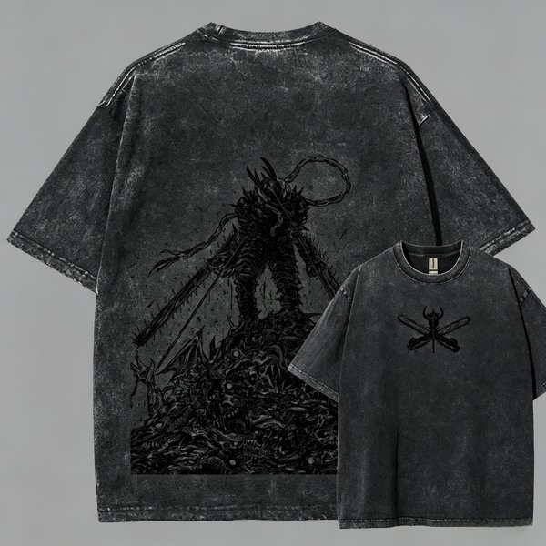 Übergroßes Chainsaw Man Grafik-T-Shirt, Acid Washed, Doppelseitiger Druck, Chainsaw Devil Manga Tee für Männer und Frauen, Schwarz, Vintage Harajuku