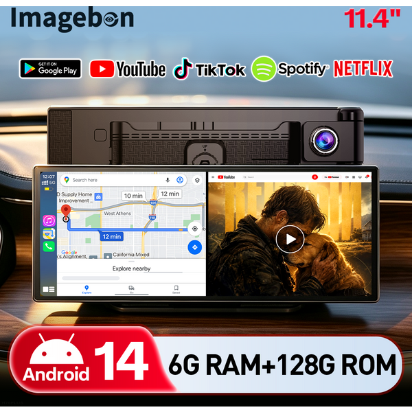 Imagebon 11,4" Android 14 Kamera samochodowa 6G+128G 8-rdzeniowy procesor Bezprzewodowy CarPlay & Android Auto Podzielony ekran Google Play Youtube Nawigacja GPS Rejestrator jazdy