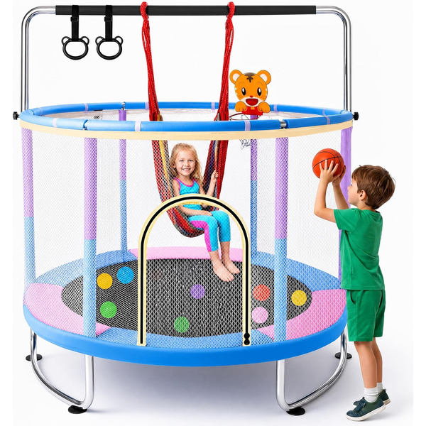 1,5 M Trampolin mit Schaukel, Turnstange und Basketballkorb, für Kinder von 3 bis 14 Jahren, ein Kindertrampolin für den Innen- und Außenbereich geeignet