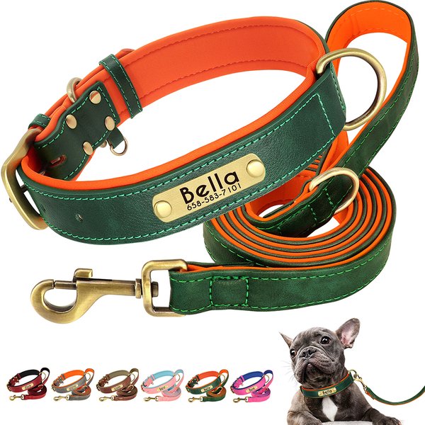 Personalized Dog Collar Leash PU Leather Dogs Collars Pet Rope Engraved Pet ID Name Necklace for Small Large Dogs Soft Padded