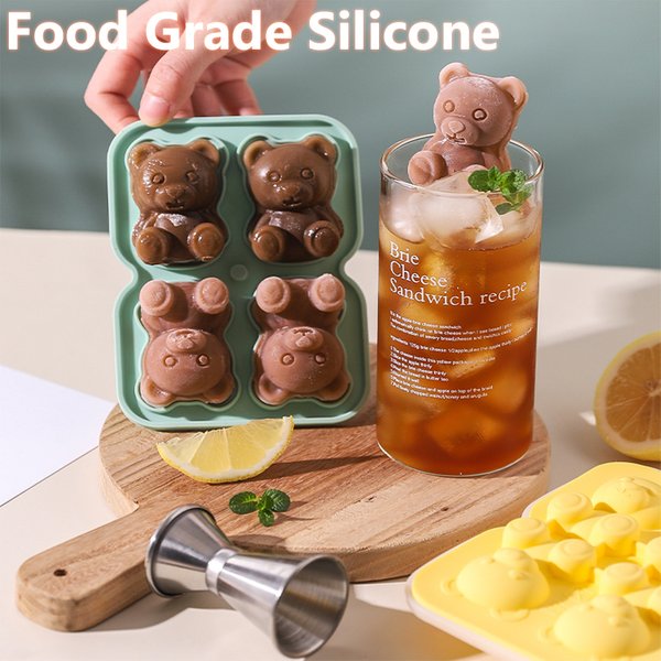Niedliche Teddybär-Eiswürfelform, spritzwassergeschützt und leicht abzurzend, für den Kühlschrank mit Behälter, süßes Bären-Eiswürfelform