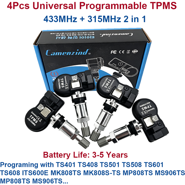 4 Stück universelle programmierbare TPMS-Sensoren 2-in-1 433MHz+315MHz Reifendrucksensor-Monitor unterstützt Programmierung mit TS501 TS508 TS601 TS608 ITS600E MK808TS MK808S-TS MP808TS