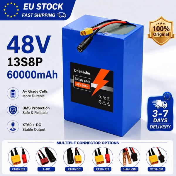 48V 60Ah Wiederaufladbarer Lithium-Akku 13S8P 18650 Zellen Smart BMS XT60 DC-Anschluss Lange Lebensdauer EU-Lagerbestand Schneller Versand Geeignet für E-Bike Elektroroller Solarenergie-Speicher RV