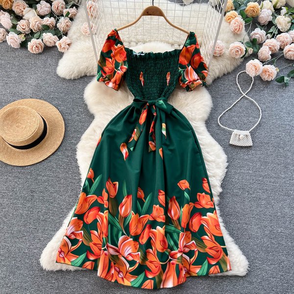 YuooMuoo mode été fleur imprimé longue robe femmes Vintage col carré froncé poitrine ceinture pansement robe d'été robes de fête