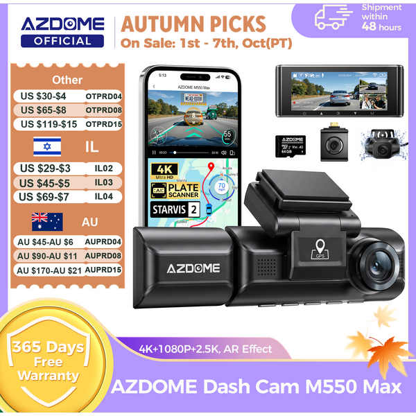 AZDOME 4K Dash Cam M550 Max Built-in GPS Wifi Camera Car DVR 3.18”Screen Night Vision 24H Parking Monitor Support Rear Cam