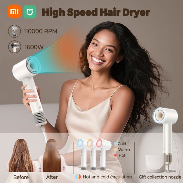 Suszarka do włosów XIAOMI MIJIA High Speed, profesjonalna suszarka z jonizacją ujemną, 110 000 obr./min, 1600W, elektryczna, przenośna suszarka do włosów