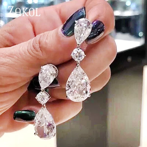 ZAKOL Shinny Zirkon Teardrop Baumeln Ohrring für Frauen Mode Weiß Gold Farbe Braut Ohrringe Hochzeit Schmuck