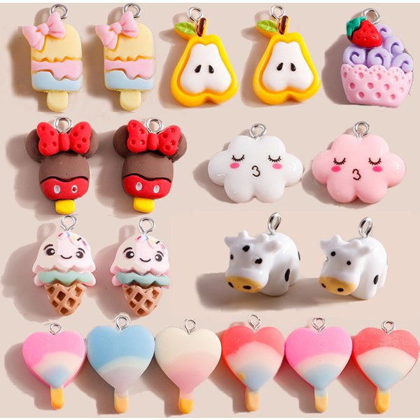 10 pièces mélange Kawaii dessin animé résine crème glacée gâteau puces poire fleur Cola breloques pendentifs pour boucle d'oreille Bracelet porte-clés fabrication de bijoux