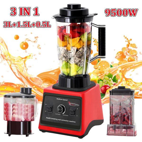 3-in-1-Elektro-Mixer, 9500 W, leistungsstarker, gewerblicher Küchenhelfer, zum Zubereiten von Smoothies und zum Entsaften von Eis, 3 l + 1. 5l + 0,5L Behälter