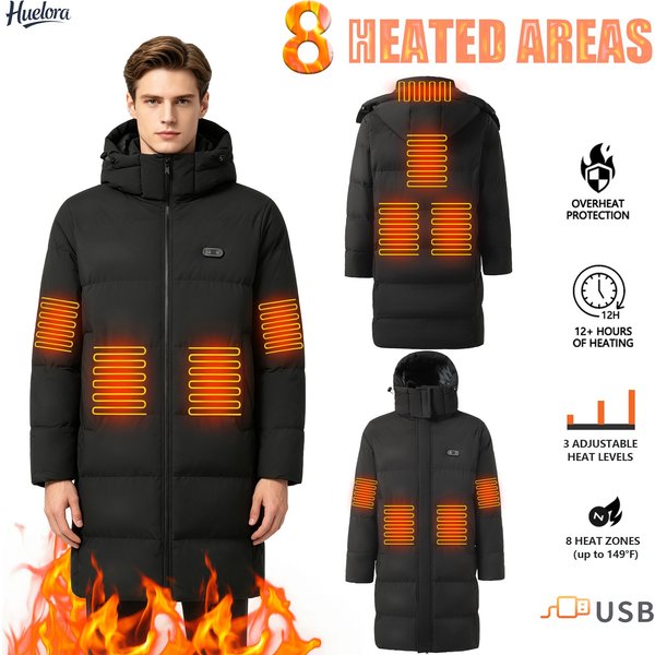 Lange beheizte Jacke für Männer/Frauen mit 8 Heizzonen, USB-elektrisch beheizter Mantel mit Kapuze, ideal für Outdoor-Aktivitäten im kalten Winter.