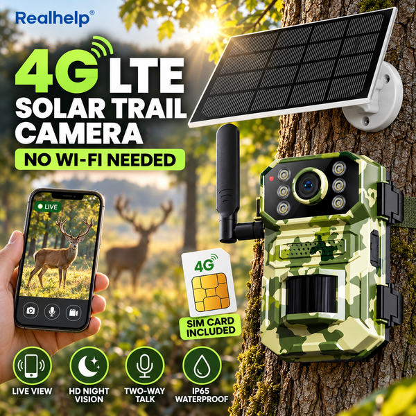 4G LTE Solar-Wildkamera ohne WLAN, Wildkamera mit SIM-Karte, Live-Ansicht, HD-Nachtsicht, Zwei-Wege-Audio, IP65